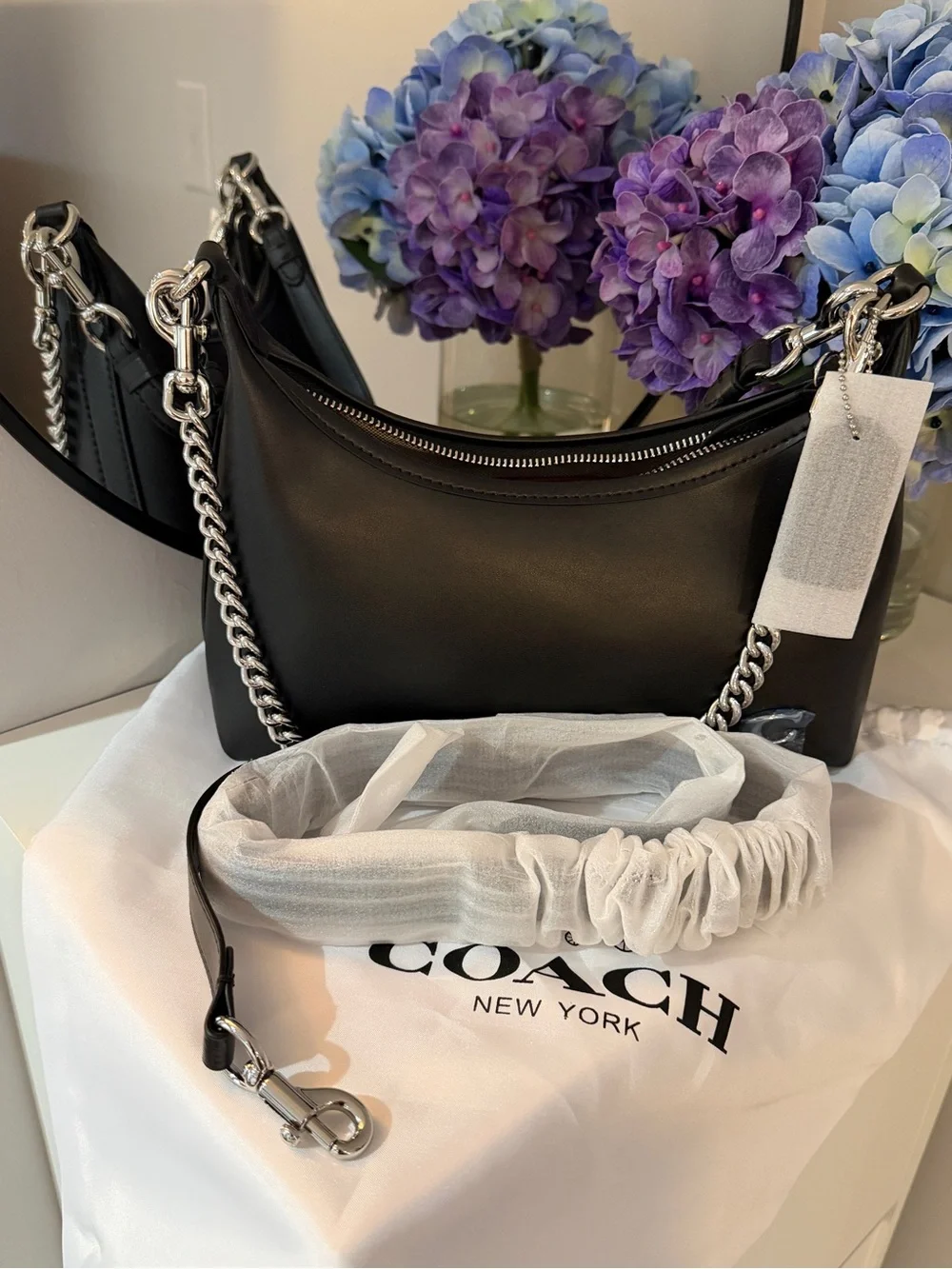 Coach Juliet Shoulder Bag 25 with a Silver Chain Black Soft Leather